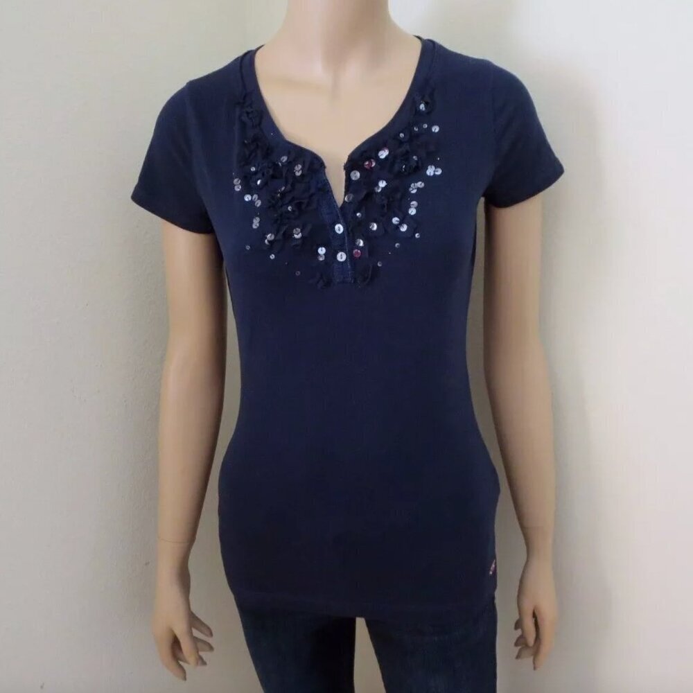 Hollister Womens Sequin Top Shirt Size Small Navy Blue T-Shirt Blouse